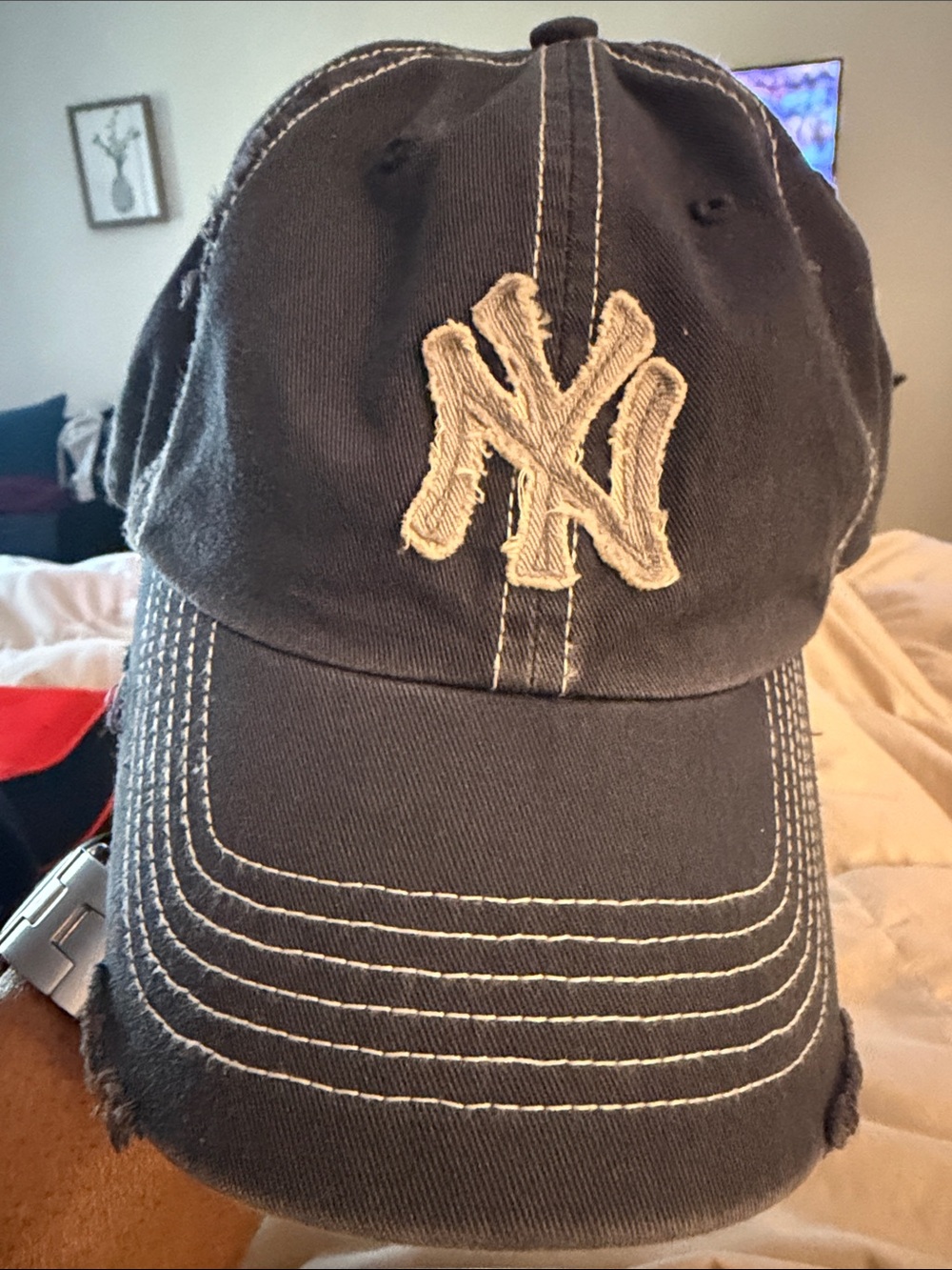 Distressed Navy Baseball Cap with Embroidered Logo
